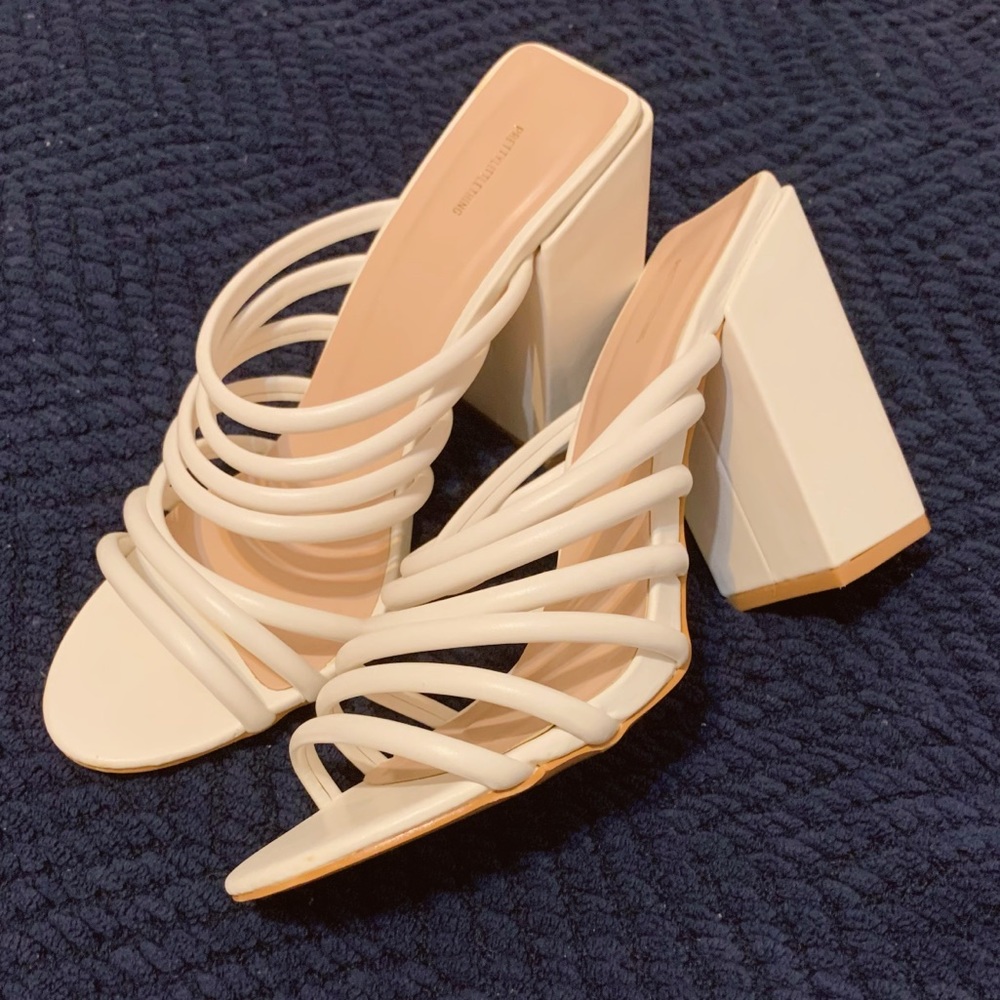 White Block Heel Multi Tube Strap Mules